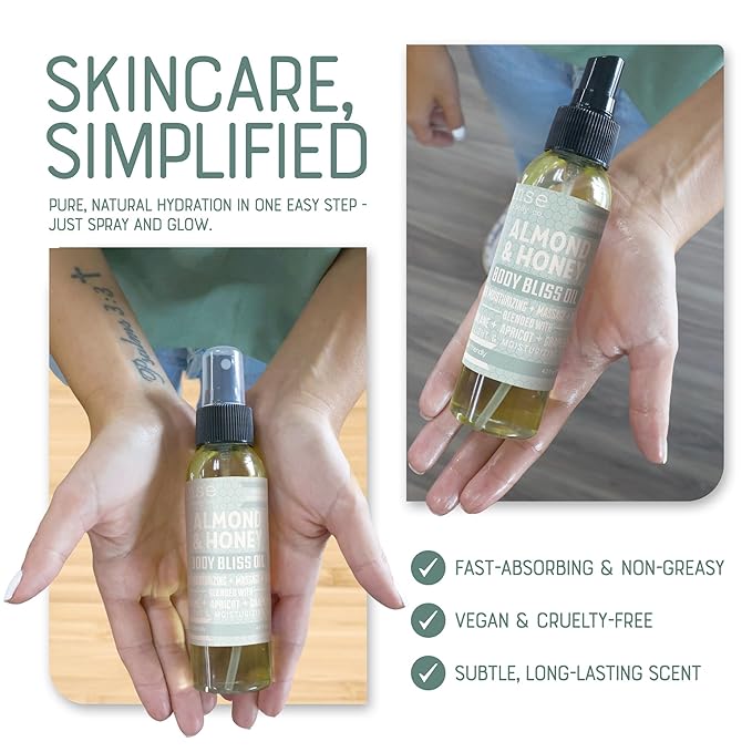 Rinse Bath & Body Almond & Honey Body Oil Moisturizer Spray - Natural, Light & Fast Absorbing | Squalane, Grapeseed & Apricot Oil | All Skin Types | Shower & Massage | Vitamin E | Handmade | 4floz