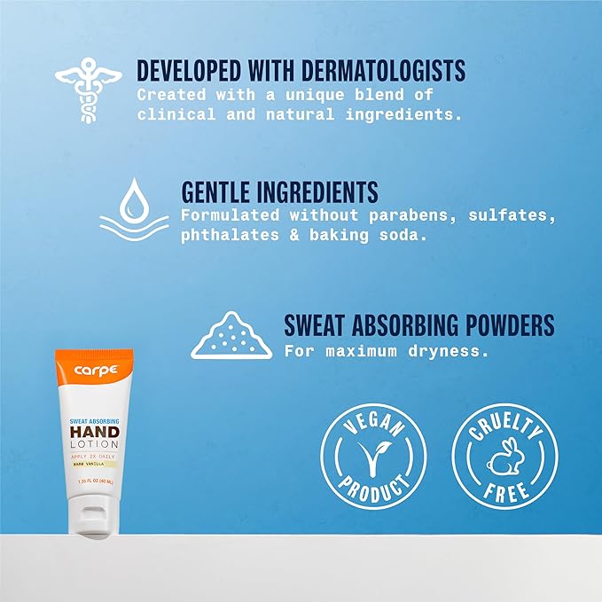 Carpe Sweat Absorbing Hand Lotion, A dermatologist-recommended, smooth lotion that helps stop hand sweat, Great for hyperhidrosis (Warm Vanilla)