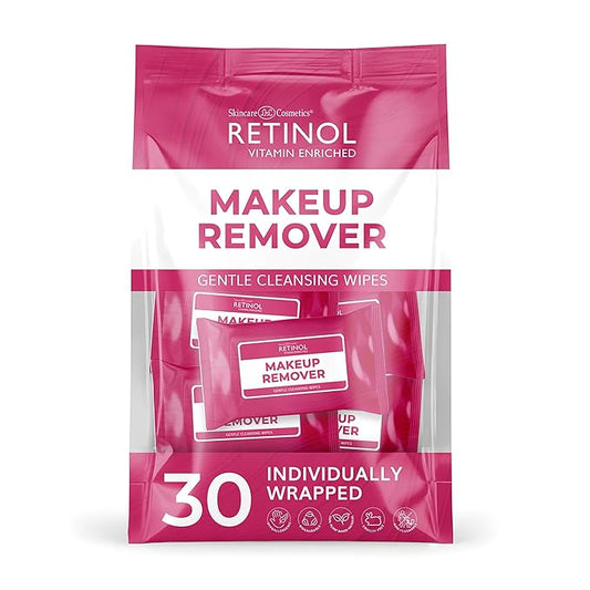 Retinol Individually Wrapped Makeup Remover Wipes, travel essentials for Travel & On the Go, women facial cleansing wipes, remove makeup mascara & sunscreen, with micellar water, 30 single face wipes