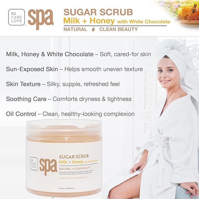 BCL SPA sugar scrub | organic Milk and Honey with White Chocolate exfoliating body scrub removes dead, dry skin for a soft & hydrated feel, nourishing essential body care 16 oz