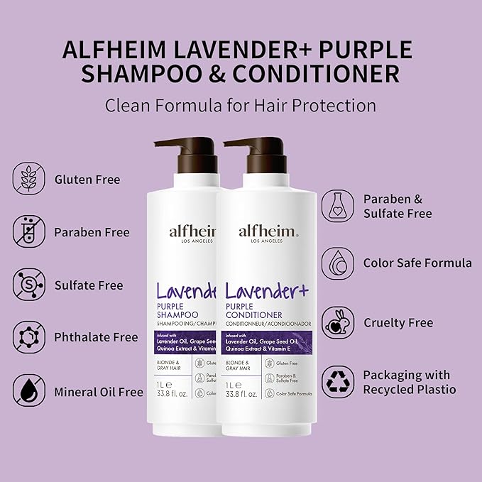 Alfheim Lavender+ Purple Shampoo & Conditioner Set | Neutralize Brassiness & Enhance Cool Tone for Platinum, Silver & Blonde Hair | Anti Brass While Hydrating | Paraben-Free, Color-Safe | 33.8 oz Each