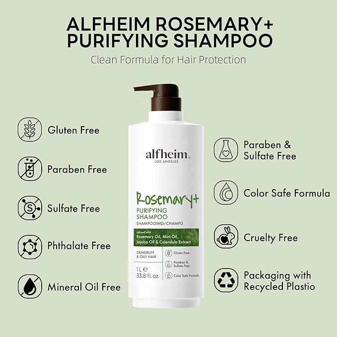 ALFHEIM Rosemary+ Purifying Shampoo | Rosemary, Mint & Jojoba Oil Infused | Gentle Cleansing While Balancing for Oily Scalp & Removing Build-Up | Sulfate-Free & Paraben-Free | 33.8 fl oz