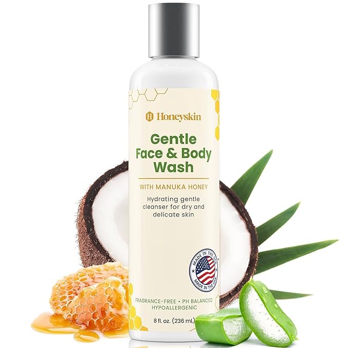 Honeyskin Face and Body Wash for Women and Men - Acne Body Wash Moisturizing for Sensitive Skin - Hydrating Facial Cleanser - Gentle Exfoliation – Sulfate-Free (8oz)