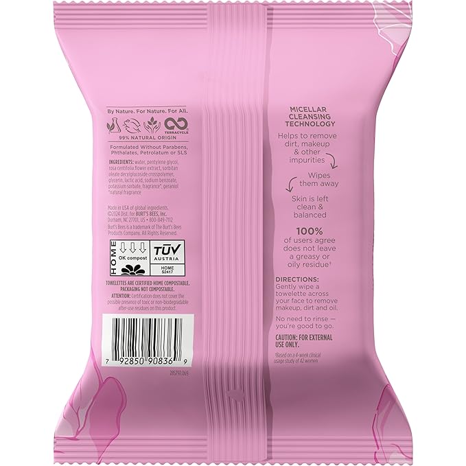 Burt’s Bees Micellar Rose Water Facial Towelettes, 100% Plant Based Cloth; 99% Natural Origin; Remove Makeup, Cleanse, Hydrate; No Greasy, Oily Residue; All Skin Types (Pack May Vary)