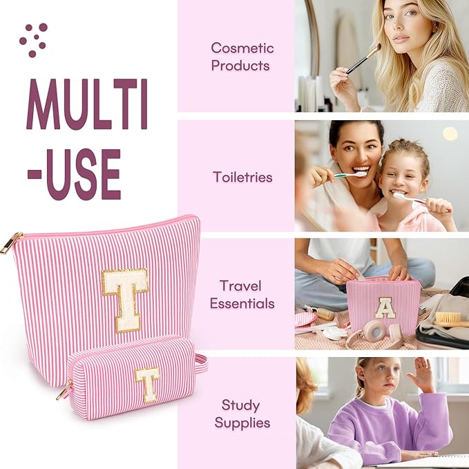 2 PCS Initial Makeup Bags for Women: Cosmetic Bag for Travel Toiletry - Birthday Gifts for 11 12 13 14 15 16 17 18 Years Old Girl Graduation Teacher Gift- Teen Girl Gifts Trendy Stuff - Pink T