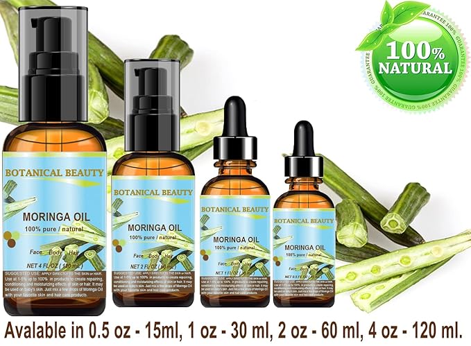 Botanical Beauty Moringa Oil 100% Pure Natural Undiluted Cold Pressed Carrier Oil. 1 Fl.oz.- 30 ml. for Face Skin, Hair, Lips, Nails. Rich in Vitamin C, Vitamin E
