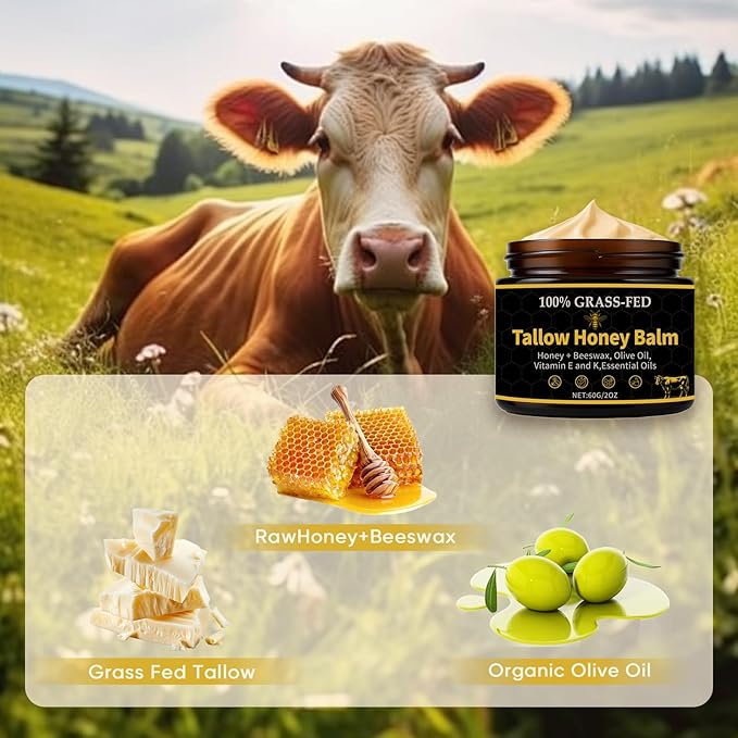 Beef Tallow for Skin, Organic Grass-Fed Beef Tallow Balm,Tallow and Honey Balm with Raw Honey, Olive Oil - Body & Face Moisturizer, Soothes and nourishes for Dry & Sensitive Skin