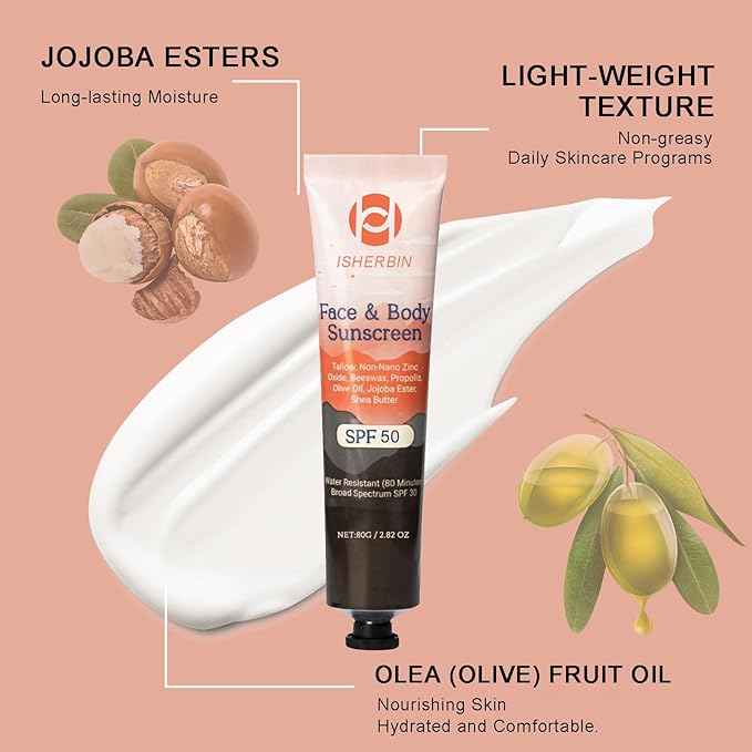 Natural Mineral Sunscreen SPF 50 - Natural Tallow & Zinc Oxide, Beef Tallow Sunscreen for Face & Body SPF 50, Lightweight under Makeup, No Sticky Travel Essentials, Summer Essentials