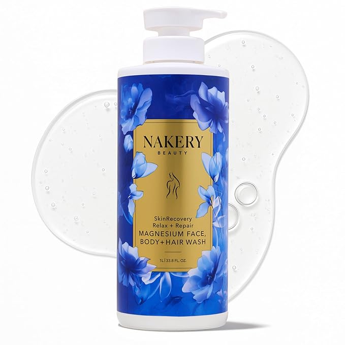Nakery SkinRecovery Relax + Repair Magnesium Body Wash, Face Wash and Facial Cleanser with Dead Sea Salt, Epsom Salt, Magnesium Gel, Serum Infused Formula, Hydrates and Soothes, 1 Liter, Made in USA