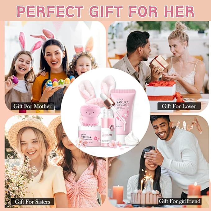 Skincare Set Sakura Teen Girls Gifts - Skin Care Set - Skincare for Teens 10-12 Hydrating - Travel Size Facial Kit for Women with Cleanser,Serum,Cream,Bunny Headband,Cleansing Brush(5pcs)