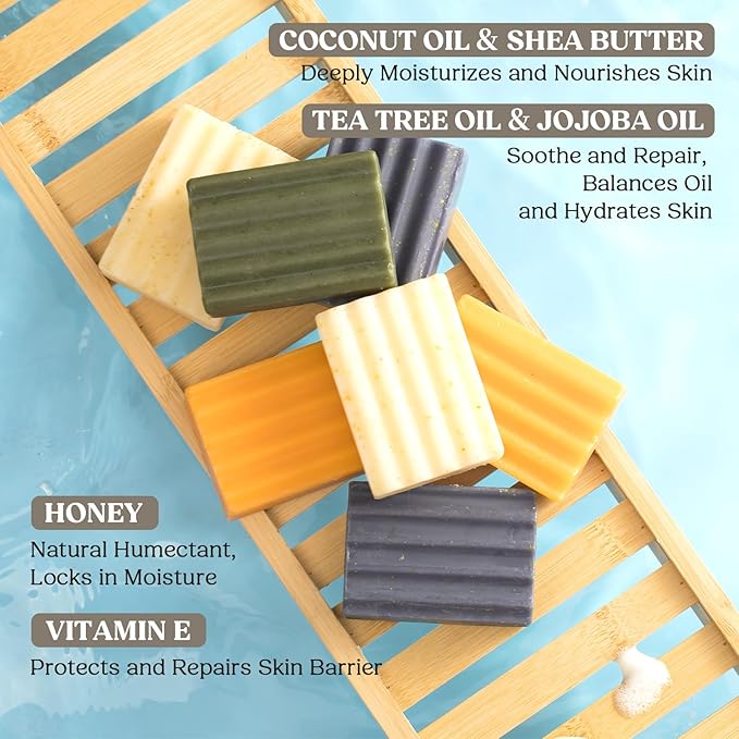Natural Soap Bar – Cold Process Handmade Soap for Face & Body Wash, Moisturizing & Cleansing with Tea Tree & Coconut Oil, Shea Butter, Jojoba & Honey, Gift Set for Men & Women, 4 Pack 16.8 Oz