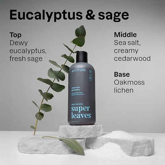 ATTITUDE Shower Gel Body Wash for Men, 98% Natural Origin Ingredients, Paraben & Phthalate Free, EWG Verified, Cleanses Without Drying, Eucalyptus & Sage,14 Fl Oz
