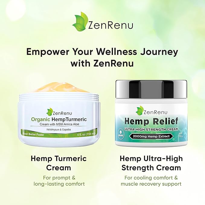 Zenrenu Organic Hemp Turmeric Joints & Muscle Cream with Arnica, MSM, Hemp Oil Extract, & 7 Essential Oils - Non Greasy & Fast Absorbing for Back, Neck, Elbows, Knees, & Hip 4 oz