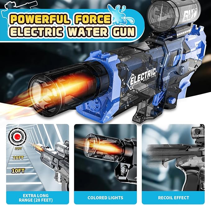 2 Pack Electric Water Guns with Muzzle Flash for Adults & Kids, Automatic Water Gun with 28-32 FT Long Range, Powered Water Gun Summer Outdoor Pool Beach Toy (Blue+Black)