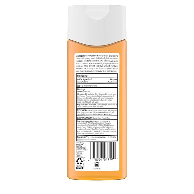 Neutrogena Body Clear Acne Body Wash, 2% Salicylic Acid Acne Medication, Oil-Free & Glycerin for Breakouts on Back, Chest & Shoulders, Non-Comedogenic, Gentle on Skin, Unscented, 8.5 Fl Oz, 3 Pack†