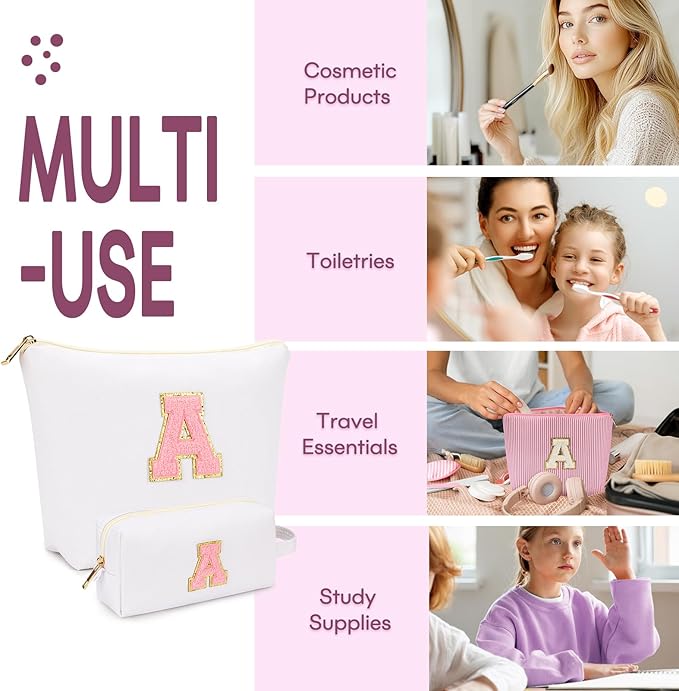 2 PCS Initial Makeup Bags for Women: Cosmetic Bag for Travel Toiletry - Birthday Gifts for 11 12 13 14 15 16 17 18 Years Old Girl Graduation Teacher Gift- Teen Girl Gifts Trendy Stuff - White K