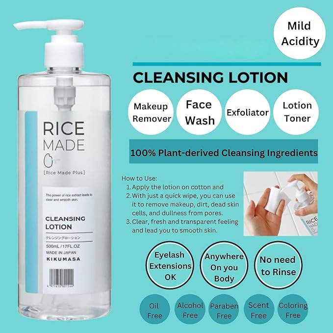 4-in-1 Rice Makeup Remover Face Wash + Facial Toner + Face Exfoliant for Women & Men, Oil Free Makeup Remover with Sake Rice Extract, Ceramides & Fruit Extracts in Japan 16.9 fl oz