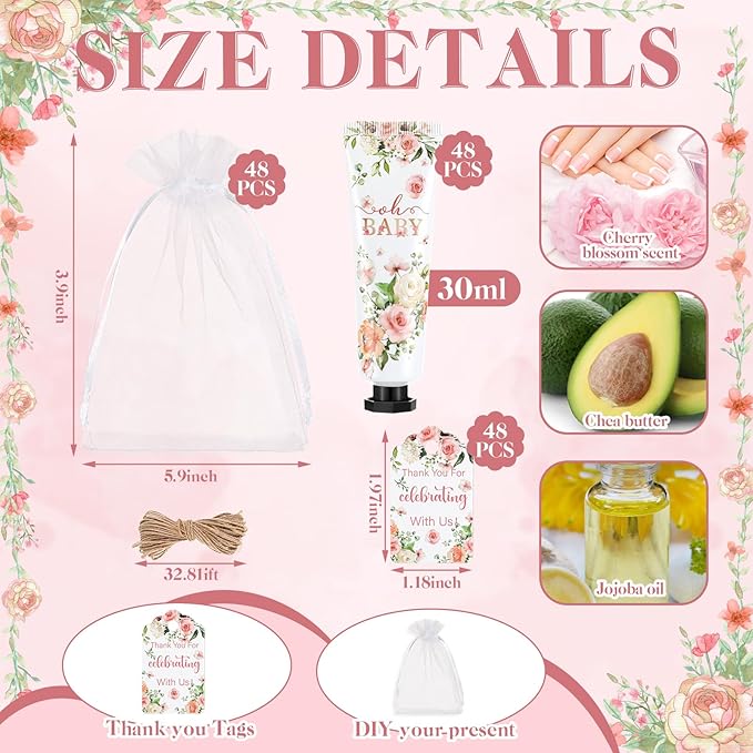 48 Sets Baby Shower Hand Cream Party Favors for Guests Gift Bulk Travel Size Hand Lotion Set for Baby Shower Wedding Christmas(Flower)