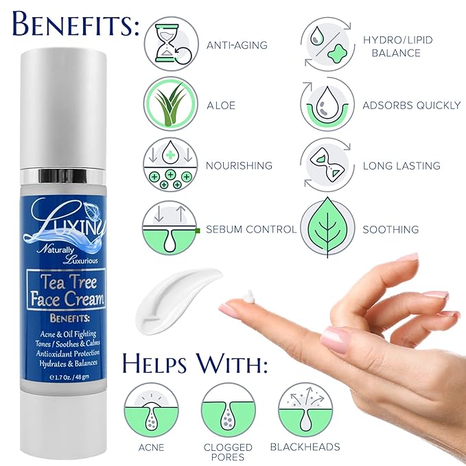 Tea Tree Moisturizer Face Cream, Made in America, with Salicylic Acid & Aloe Vera, a Rich Hydrating Night Cream for Dry Skin & a Daily Mattifying Moisturizer for Acne & Oily Skin, 1.7 oz