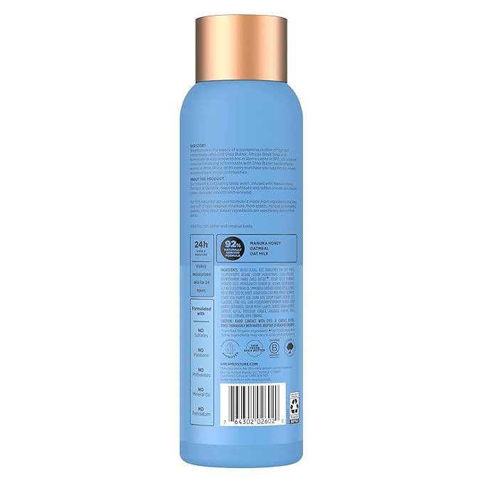 SheaMoisture Manuka Honey Oatmeal Body Wash Smooth & Exfoliating Smooth and Exfoliating body wash for 24H Visible Moisture for Healthy, Glowing Skin 18 oz