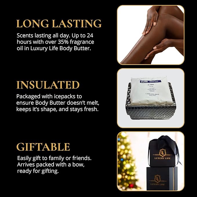 LUXURY LIFE BUTTER - Irresistibly Scented Body Butter with Hyaluronic Acid for Ultimate Moisture. Hydrates for a Non-Greasy Glamorous Glow (Presidential, Peach Smoke, Warm Compliments 5 oz)