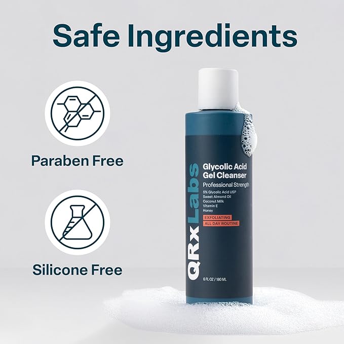 QRxLabs Glycolic Acid Face Wash Gel Cleanser - 6 fl oz - Exfoliating Facial Cleanser & Ingrown Hair Treatment for Blemish-Prone Skin