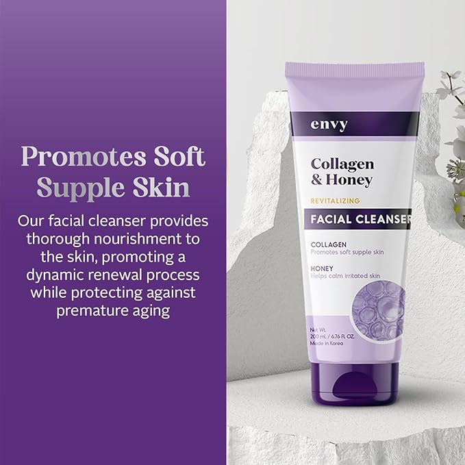 Envy Facial Cleanser with Collagen & Honey - Reduces Fine Lines, Wrinkles & Hydrates Skin - Clean, Cruelty-Free Korean Skin Care for All Skin Types - Dermatologist Tested - 6.76 oz