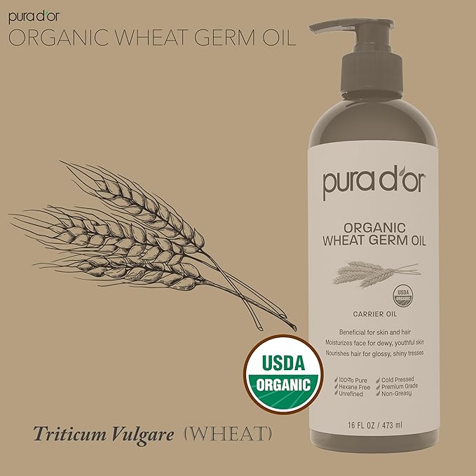 PURA D'OR 16 Oz ORGANIC Wheat Germ Oil - 100% Pure & Natural USDA Certified Cold Pressed Carrier Oil - Vitamin E Rich, Moisturizing & Nourishing Anti-Aging Properties - Healthy Hair Growth & Skincare