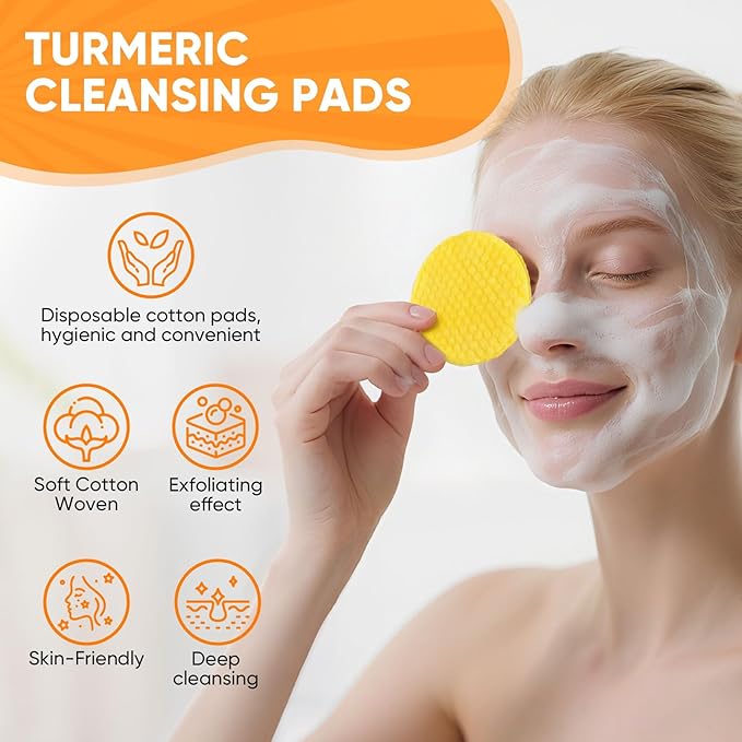 Turmeric Cleansing Pads 50 Pcs+Tumeric Soap Bar+Tumeric Face Wash with Brush, Turmeric Pads for Face and Body,Lemon Turmeric Soap for Wash, Daily Gentle Skin Cleanser Set for All Skins