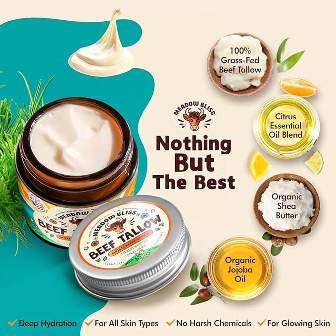 Beef Tallow for Skin - Moisturizer Cream - 100% Grass Fed - Whipped Beef Tallow - Organic Jojoba Oil - Organic Shea Butter - Supports Eczema, Rosacea+ - Made in USA - Citrus Breeze - 4 oz
