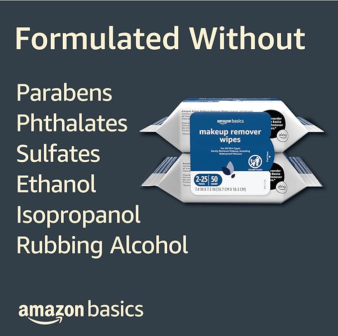 Amazon Basics Makeup Remover Wipes, Gentle Cleansing, Dermatologist Tested, Original, Plant Based, Alcohol Free, Removes Waterproof Mascara, 25 Count Per Pack, Pack of 2 (Previously Solimo)