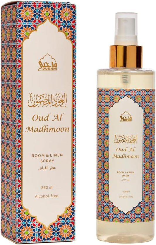 Oud al Madhmoon Arabic Room Spray by Dukhni | 250ml Oud fragrance Air Freshener, Attar al Faraash for home & prayer mats | Bed linen, Sofa Mist, natural home scent, curtain spray, odour eliminator