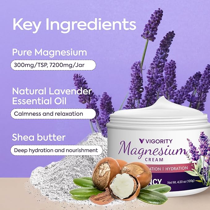 Vigority Magnesium Cream for Sleep: Magnesium Lotion for Leg Cramps - Soothing Magnesium with Lavender, Vitamin E and Shea Butter - Safe for Kids & Pregnant Individuals - 4.23 oz