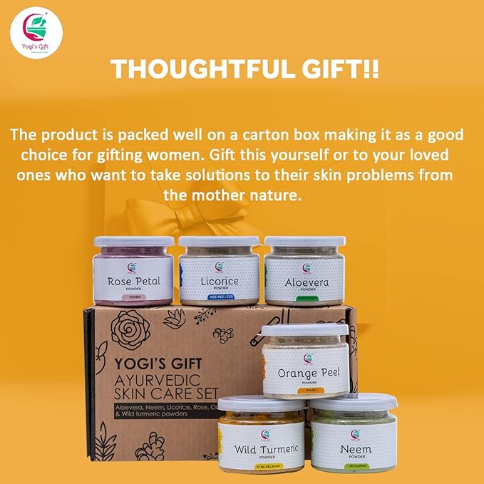 YOGIโS GIFT โ Celebrating health Ayurvedic Skin Care Sampler | Six Powders in One Pack | Aloe vera, Rose petal, Wild Turmeric, Licorice, Neem & Orange Peel Powders 1oz Each | Soap Making Ingredient