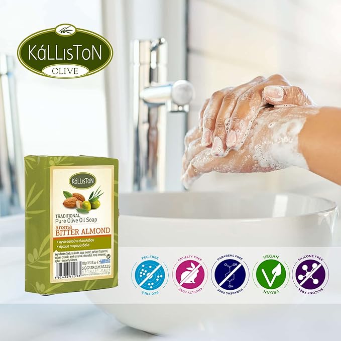 Kalliston, Olive Oil Soap With Bitter Almond extract, Pure Traditional and All Natural Moisturizer, Made in Ancient Crete, Greece, Pack of 4