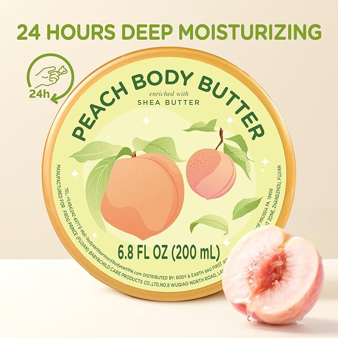 Peach Body Butter, Natural Body Care for Men Women Smell Good, Peach Scented Natural Body Butter, Body Moisturizer for Dry Skin 6.8 floz