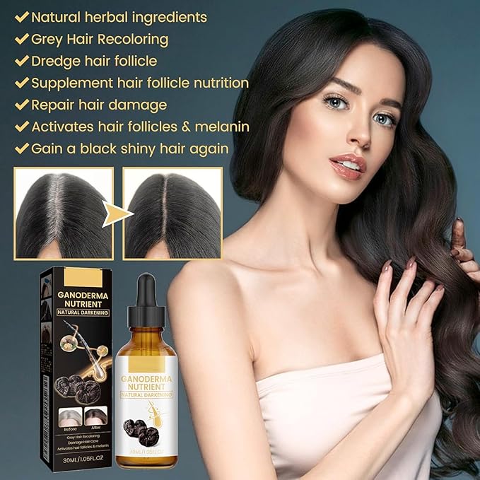 Black Shouwu Nourishing Serum, Natural Anti-Greying Hair Darkening Ganoderma Polygonum Serum, Make Hair Thicker, Strengthen Damaged Hair Care (2 Pcs)
