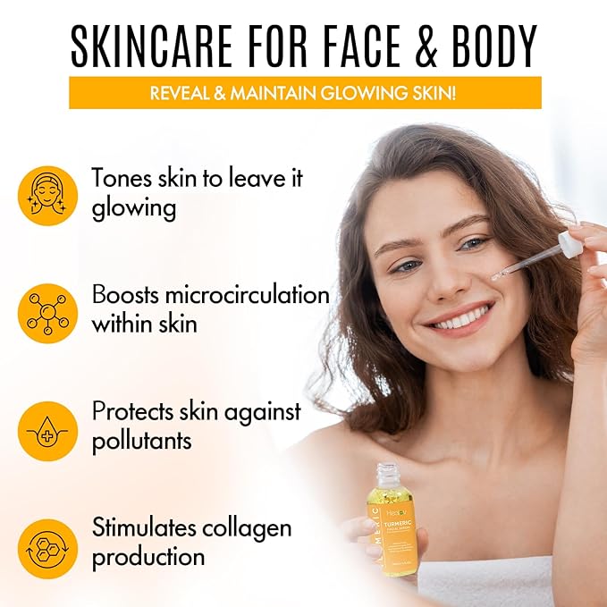 Turmeric Serum for Face & Body – All Natural Turmeric Skin Brightening Serum for Dark Spots – Cleanses Skin, Fights Acne, Evens Tone, Scars – Pure Turmeric Oil Skincare Treatment for All Skin Types