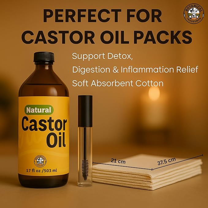Organic Castor Oil (17 oz) Glass Bottle-100% Pure, Cold-Pressed, Hexane-Free, with 2 Resuable Organic Cotton Flannel Pack Wraps and Mascara Container for Skin, Hair, Eyelash's Eyebrow's & Body