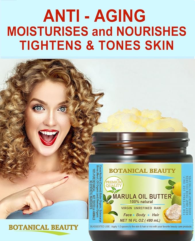 Botanical Beauty MARULA OIL BUTTER RAW VIRGIN UNREFINED for Face, Body, Hair, Lip, Nails, Dry Skin, Cracked Hands, Rosacea, Eczema, Rashes, Itchiness, Redness, Anti-Aging (8 Fl Oz)