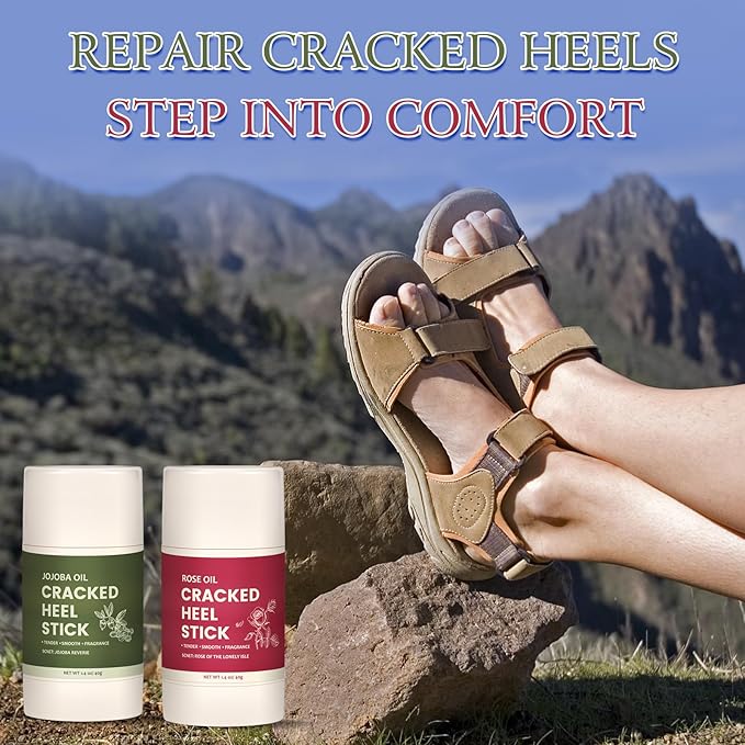 4 Pcs Cracked Heel Repair Set –Comes with 2 Repair Sticks & 2 Foot Care Socks, Rose & Jojoba Oil Heel Balm for Dry Cracked Feet, No-Mess Applicator, Travel-Friendly