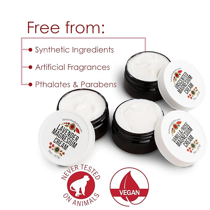 Better Shea Butter Magnesium Cream Variety Pack | for Leg Cramps | Vanilla Rose, Unscented and Lavender Travel Size Lotion Minis for Women and Men | Safe for Pregnancy, Kids & Babies 3 x 2oz Jars