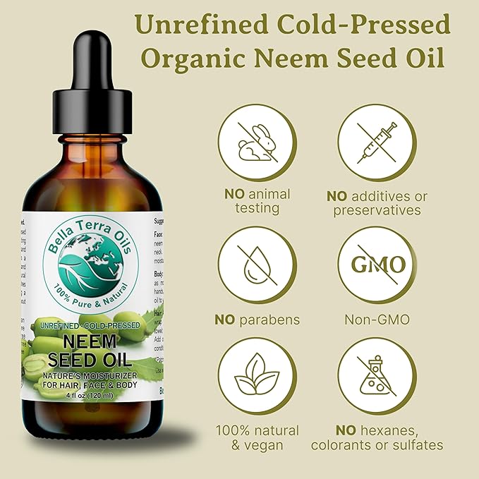 Bella Terra Oils - Organic Neem Seed Oil 16 oz - Authentic Cold-Pressed Process, Filled with Palmitic Acid & Omega-9 Fatty Acids, Ideal for Daily Skin Routine