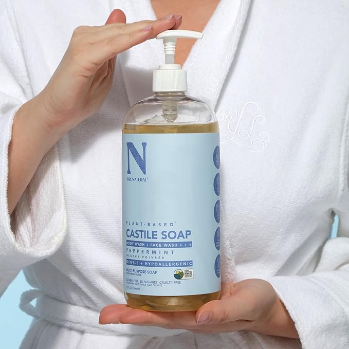 Dr. Natural Castile Liquid Soap, Peppermint, 32 oz - Plant-Based - Made with Organic Shea Butter - Rich in Coconut and Olive Oils - Sulfate and Paraben-Free, Cruelty-Free - Multi-Purpose Soap