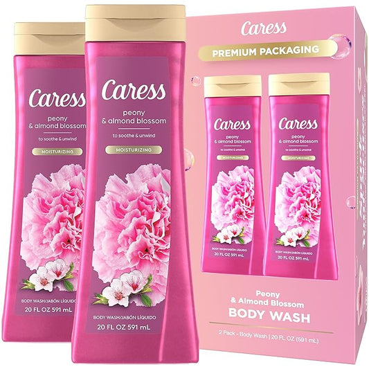 Caress Moisturizing Peony & Almond Blossom Body Wash for Fresh, Smooth Skin, Body Soap to Soothe & Unwind, 20 Fl Oz (Pack of 2)