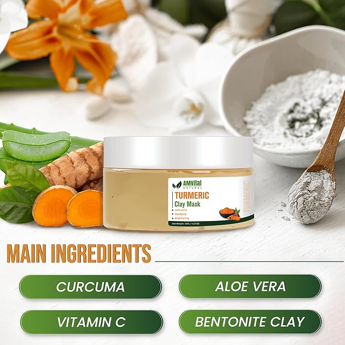 AMVital Turmeric Face Mask, Clay Facial Masks with Vitamin C, Skin Care for Acne and dark Spots, Smooth & Refine Pores, Anti Aging for Women, Non-Greasy Hydrating