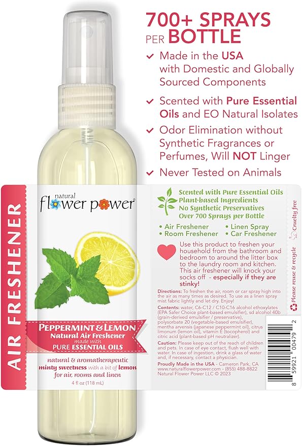 Air Freshener Spray - Odor Eliminator w/Essential Oils - Home, Car & Fabric - Cruelty Free & Vegan - Variety Pack - Citrus & Spice and Peppermint & Lemon - 2 x 4 fl oz