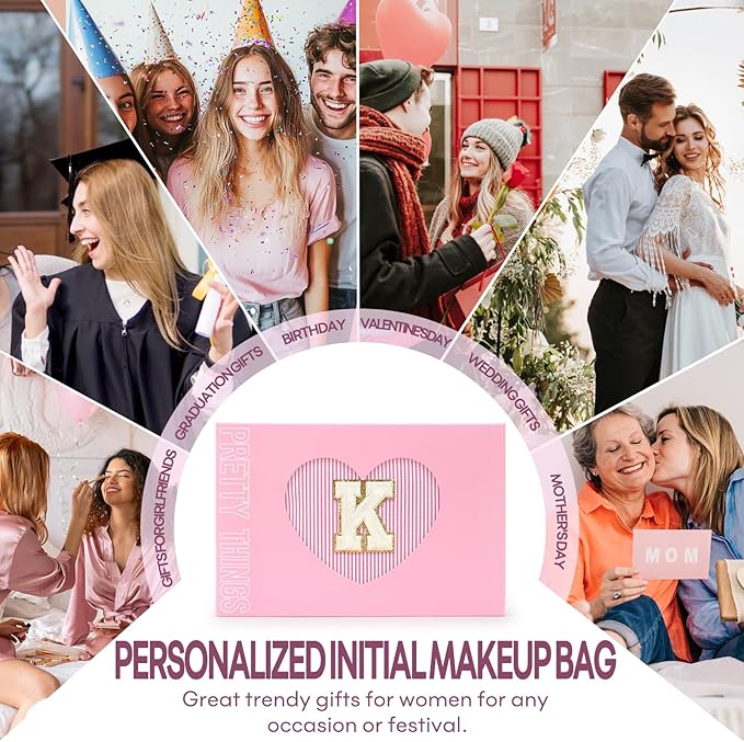 2 PCS Initial Makeup Bags for Women: Cosmetic Bag for Travel Toiletry - Birthday Gifts for 11 12 13 14 15 16 17 18 Years Old Girl Graduation Teacher Gift- Teen Girl Gifts Trendy Stuff - Pink K