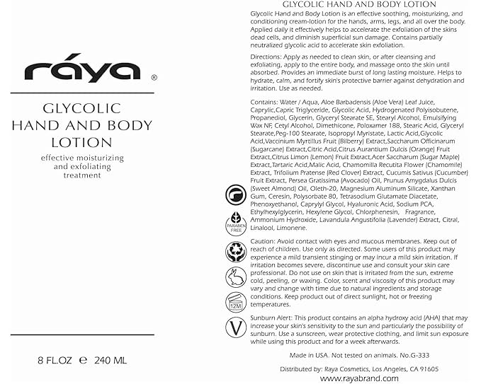 Raya Glycolic Hand and Body Lotion with AHA (G-333) | Soothing, Moisturizing, Exfoliating, and Conditioning Lotion for the Hands, Arms, Legs, and Body | Made with Alpha Hydroxy Acids