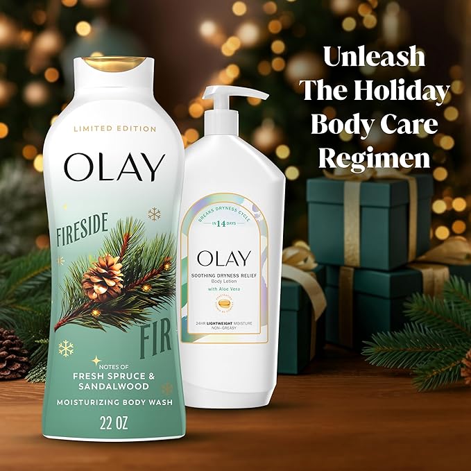 Olay Body Wash for Women, Hydrating & Moisturizing, Holiday Edition, With Plant Based Cleansers, B3 Complex, For All Skin Types, Fireside Fir with Fresh Spruce & Sandalwood Scent, 22 fl oz